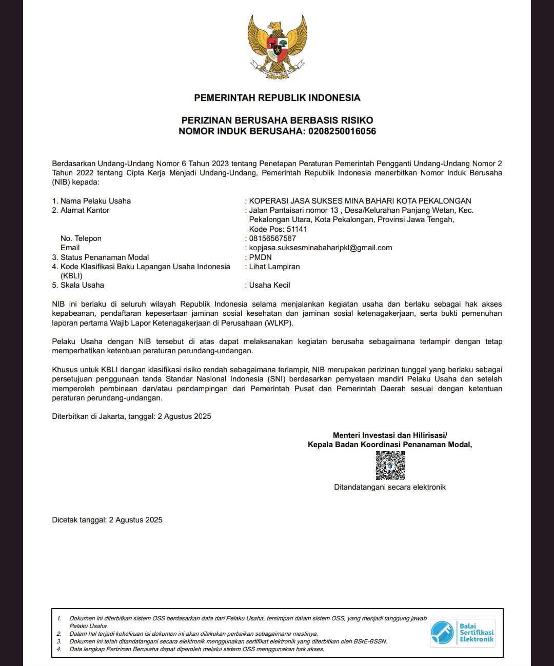 Nomor Induk Berusaha (NIB)