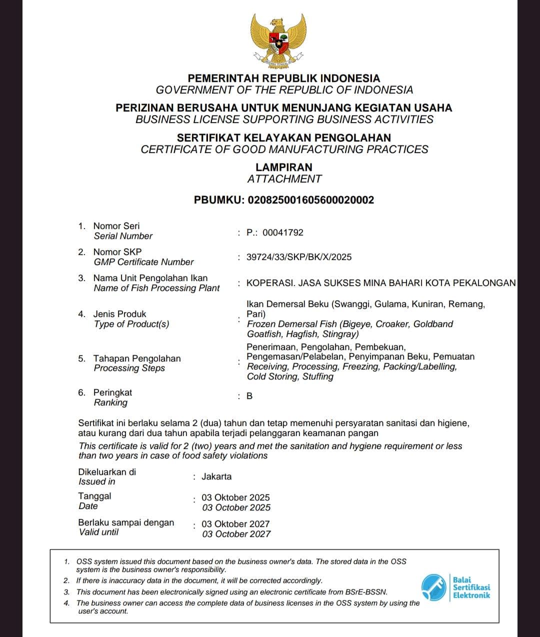 Sertifikat Kelayakan Pengolahan (SKP) - Ikan Demersal Beku
