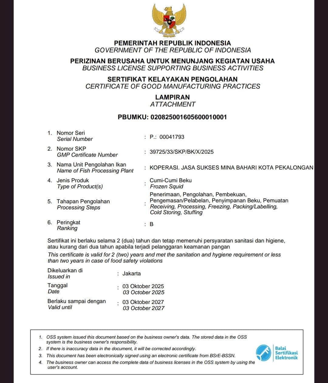 Sertifikat Kelayakan Pengolahan (SKP) - Cumi - Cumi Beku