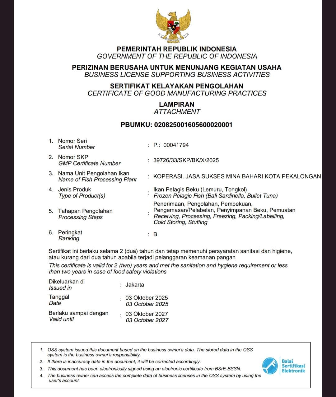 Sertifikat Kelayakan Pengolahan (SKP) - Ikan Pelagis Beku